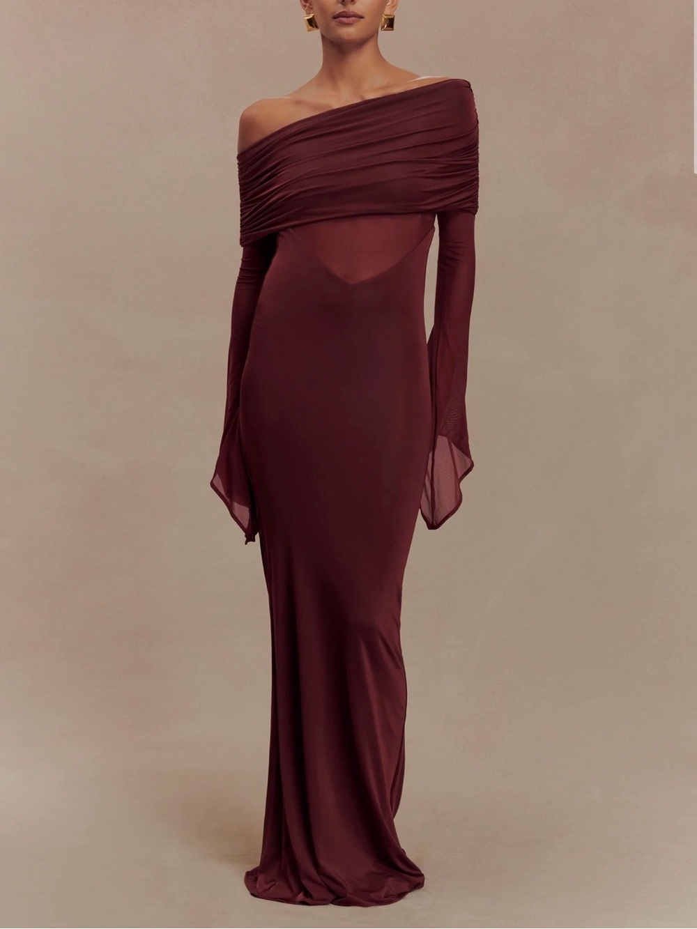 NWT Meshki Kaitlin | Burgundy One Shoulder Mesh Maxi Dress